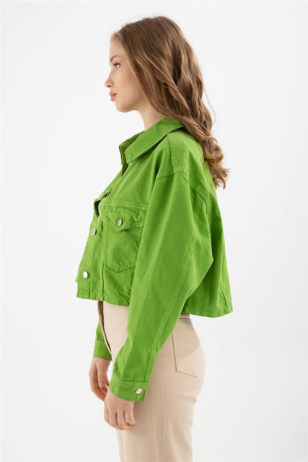 Crop Denim Ceket Yeşil