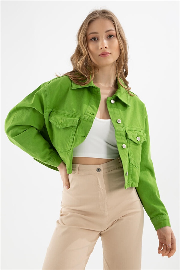 Crop Denim Ceket Yeşil