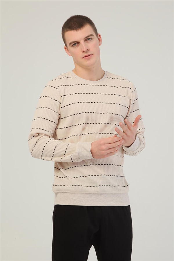 İşlemeli Basic Sweatshirt Bej