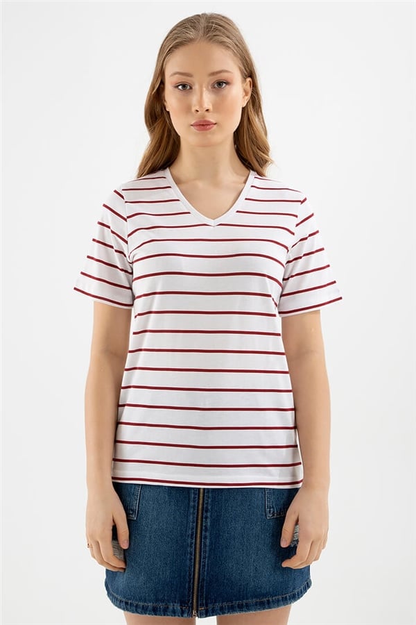 V Yaka Çizgili T-Shirt Kırmızı Çizgili / Red Striped